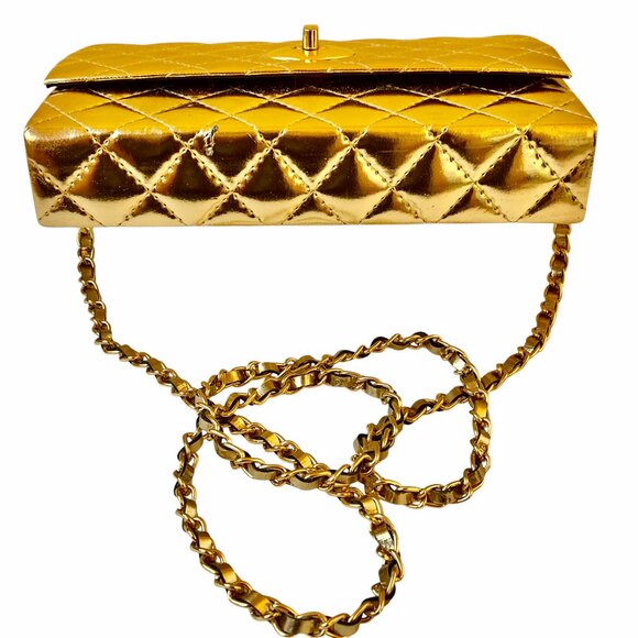 Vintage Gold Faux Patent Leather Crossbody Handbag Padded Flap Turn Lock - Picture 5 of 10